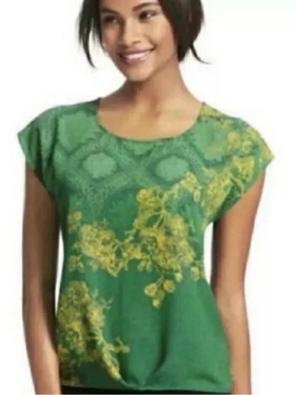 🎉CAbi Scoop Neck Short Sleeve Blouse, Women’s Size SM, Green/Yellow